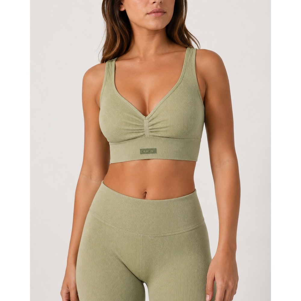 Bo+Tee‎ Ribbed Seamless Ruched Sports Bra Acid Wash Olive Green Large